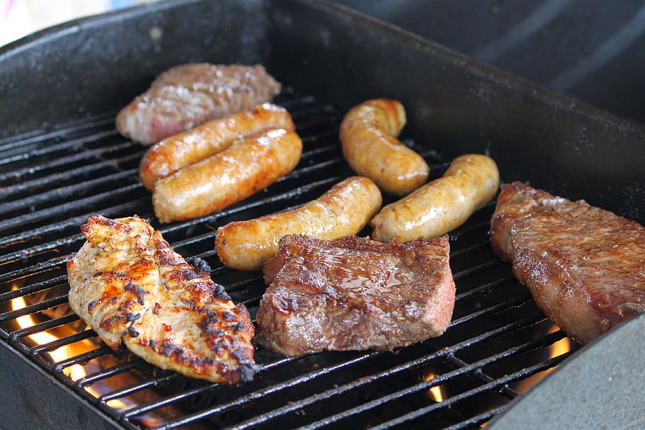 Daging, Panggangan, Pesta, Steak, Sosis, ayam, bar-b-cue, barbekyu, pemanggang barbekyu, panggang