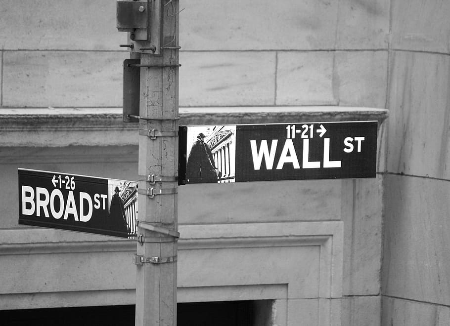 new york, wall street, street, signal, in black and white, communication, text, western script, sign, architecture