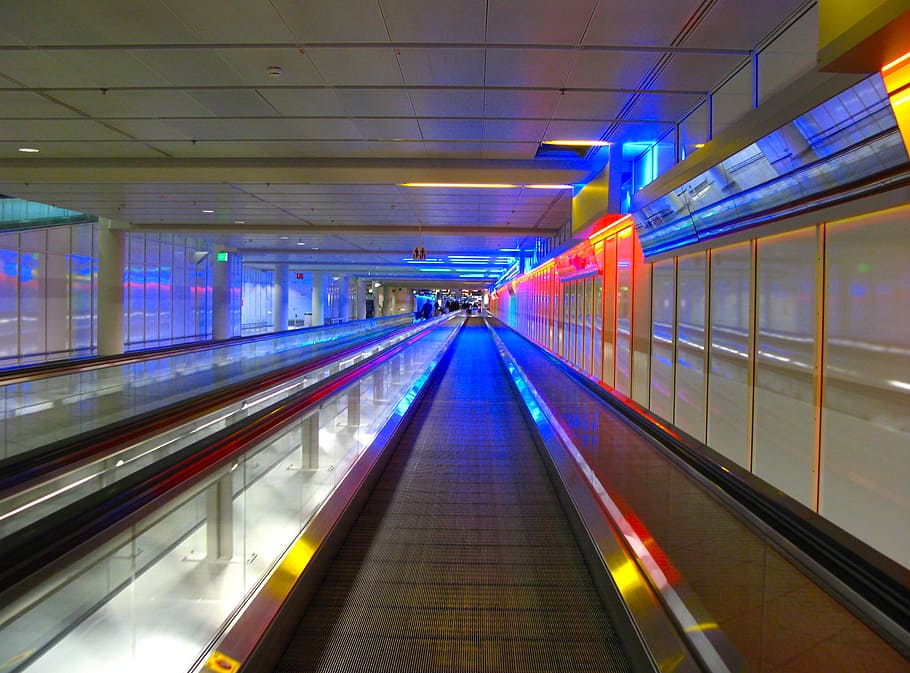 airport, treadmill, passenger transport, roll band, movement, neon, blue, lighting, bluish, color