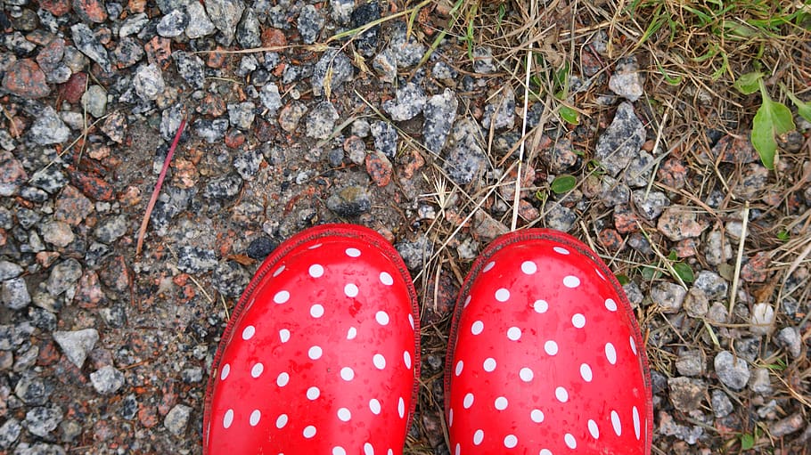 rubber boots, dots, red, gravel, country, low section, one person, human leg, human body part, shoe