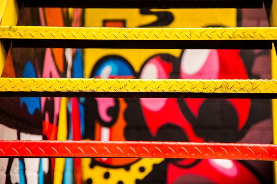 yellow, red, metal stairs, orange, wall, art, paint, graffiti, metal, multi colored