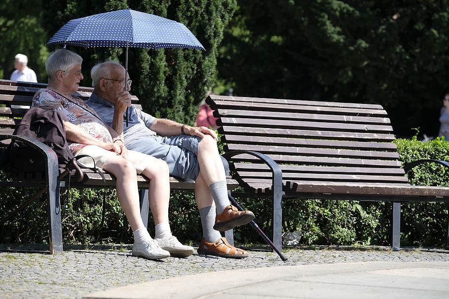man, woman, sitting, bench, umbrella, bank, park bench, rest, sit, seat