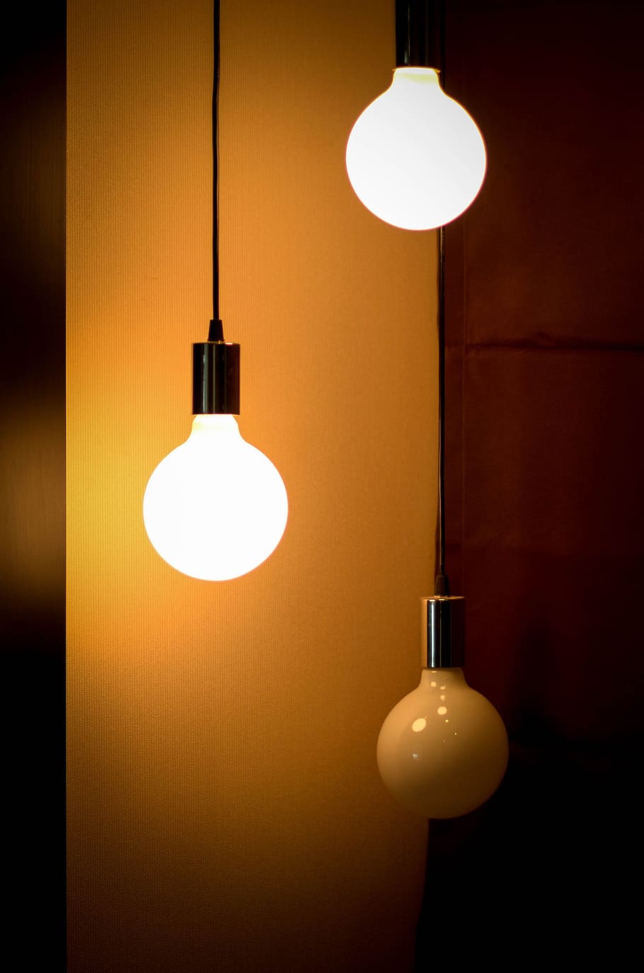 two, turned-on pendant lamps, bulb, light, light bulb, idea, energy, glass, bright, lamp