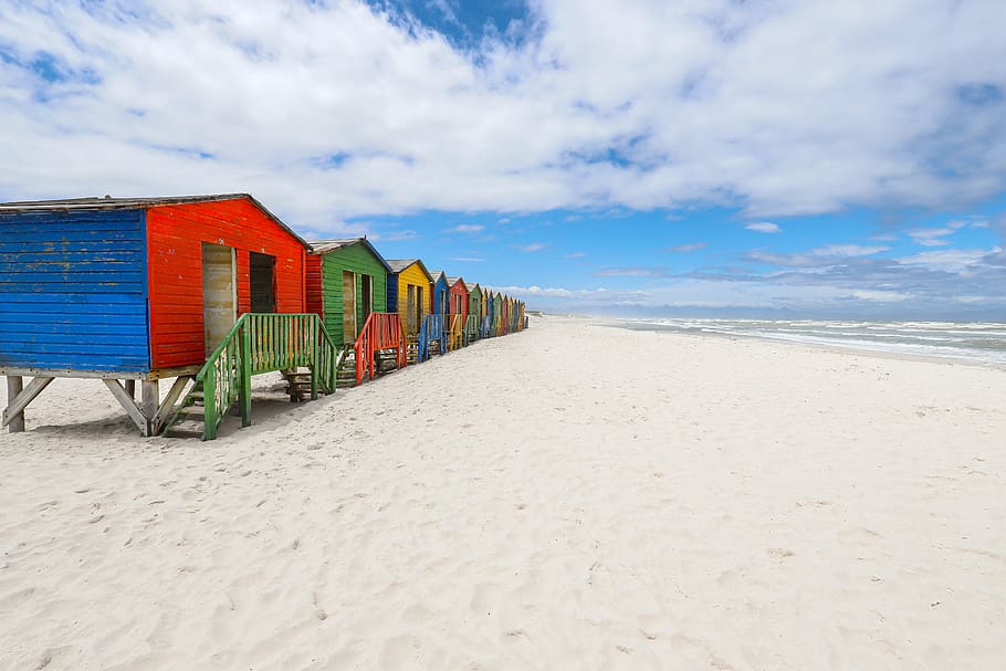 muizenberg, cape town, south africa, beach, beach house, changing room, colourful houses, color, sky, wave