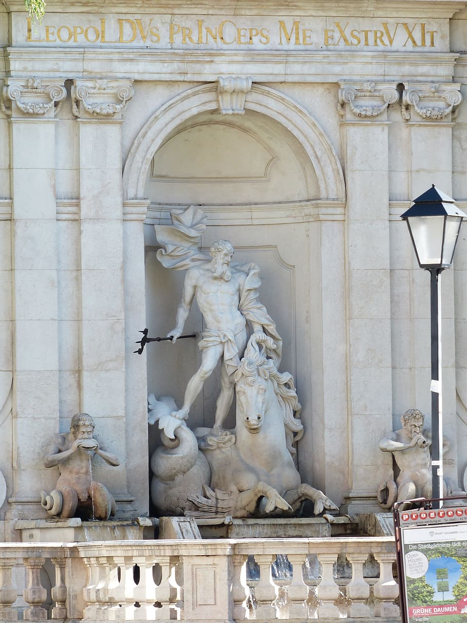 fountain, chapter glut, neptune, meeresross, horse pond, balustrade, marble, white, fountain house, niche architecture