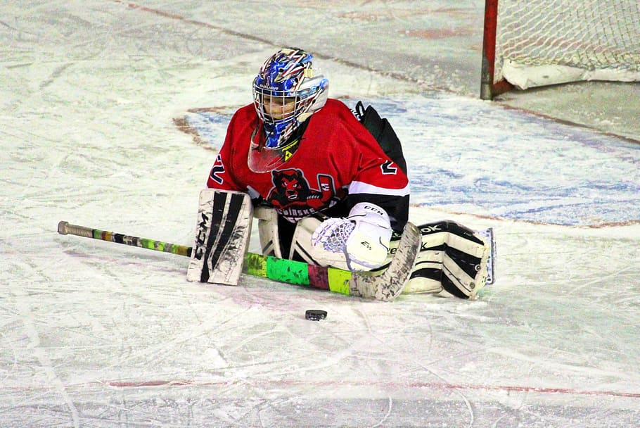 hockey, goalkeeper, young, the puck, hockey stick, helmet, sports, mask, competition, ice skating