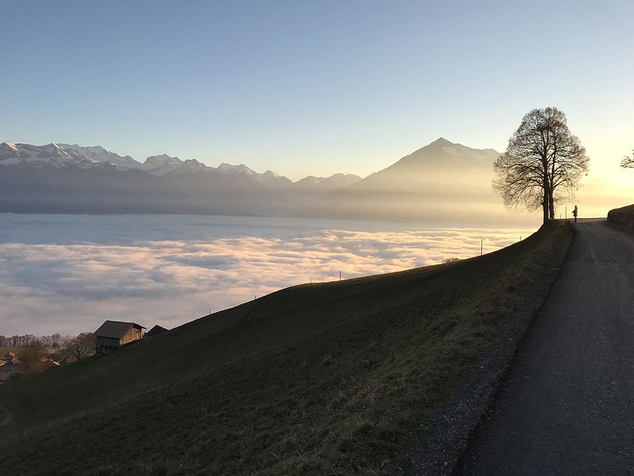 sea of fog, autumn, switzerland, sneezing, bernese oberland, lake thun, sky, scenics - nature, mountain, tranquil scene