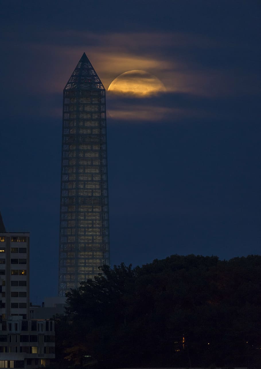 supermoon, full, perigee, night, washington monument, glowing, bright, light, clouds, district of columbia