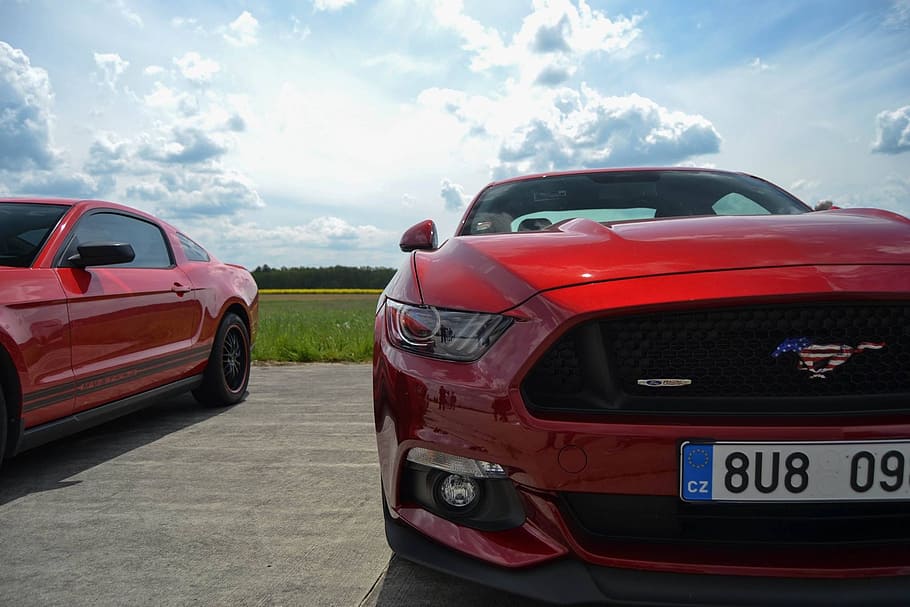black, ford mustang, red, coupe, parked, white, clouds, Ford, Mustang, Muscle, Us