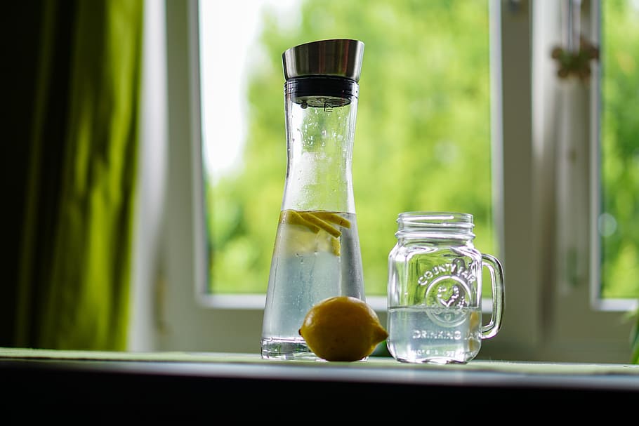 clear, glass bottle, jar, lemon, water, refreshment, fruit juice, drink, glass, thirst
