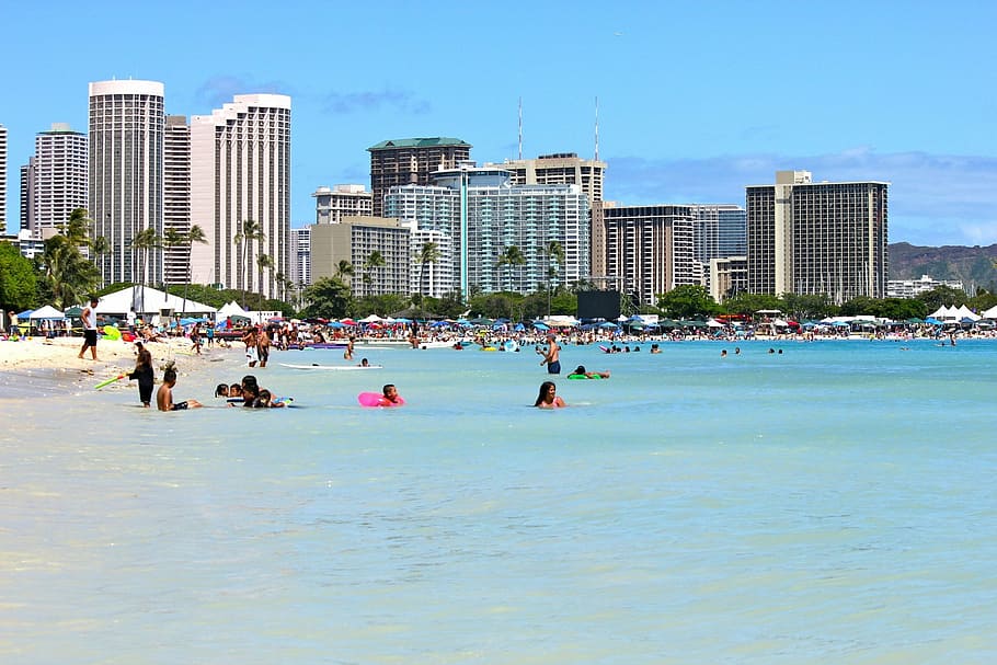 people, beach, high-rise, buildings, waikiki, sunny, travel, hawaii, oahu, honolulu