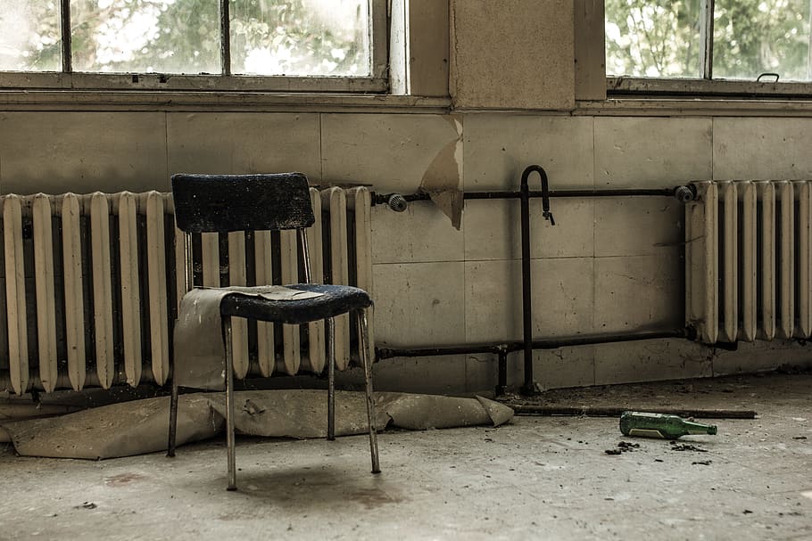 stainless, steel chair, radiator heater, lost places, chair, abandoned, old, broken, radiator, window
