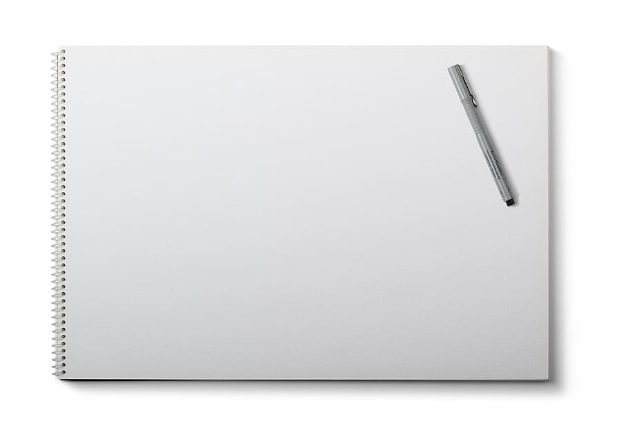 white, sketch pad, silver pen, top, drawing pad, white background, pen, blank, pad, business