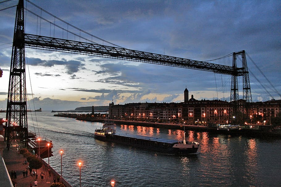 ship under bridge, Puente, Portugalete, Bilbao, Vizcaya, puente portugalete, spain, getxo, architecture, bridge