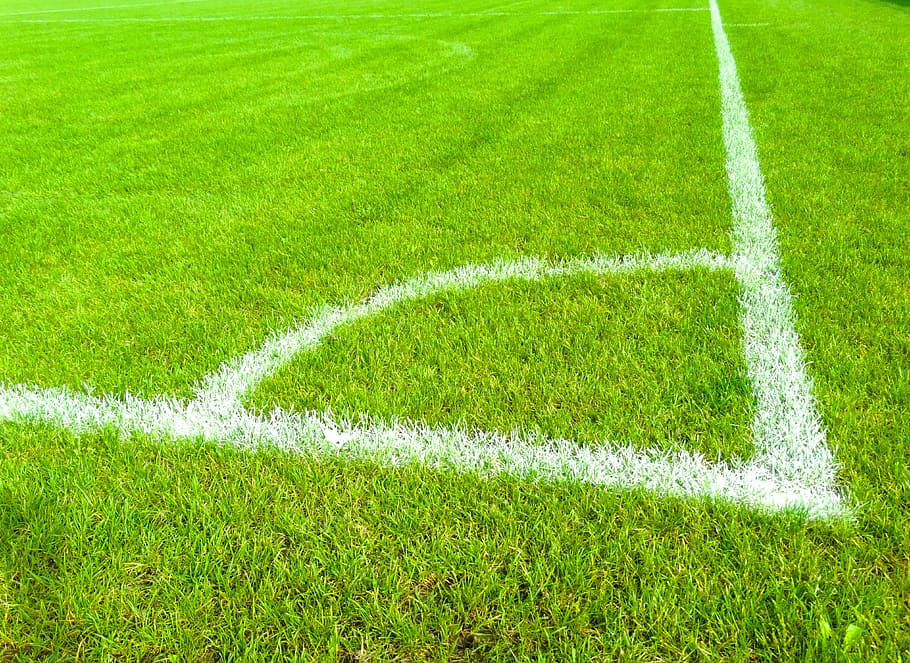 green grass, football field, grass, mark, corner, football meadow, football, color, green, white