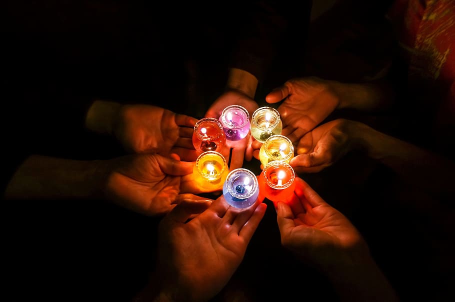 person, holding, seven, assorted-color candles, Candles, Dark, Colorful, candles in dark, colorful candles, light in dark