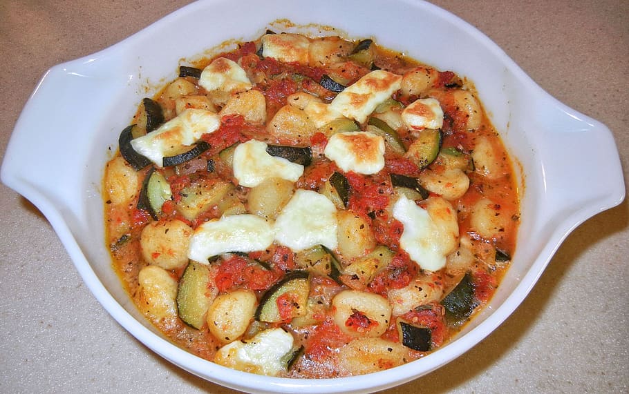 gnocchi, tomatoes, zucchini, buffalo mozzarella, herbs, food and drink, food, freshness, ready-to-eat, still life