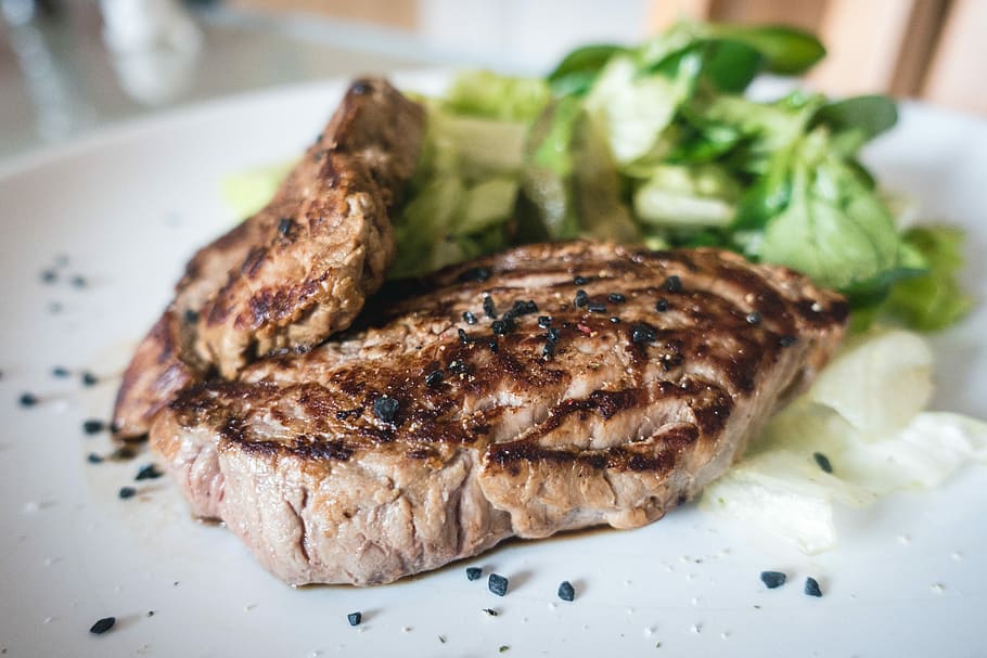 green, salad, close, Beef steak, green salad, close up, beef, healthy, meat, steak