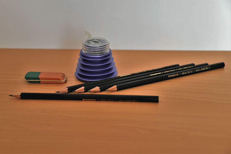 pencils, wooden, table, pencil, eraser, spitzer, school supplies, writing implement, stationery, indoors