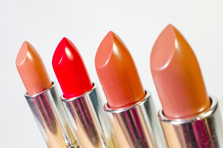 four assorted-color liupsticks, lipstick, cosmetics, face, beauty, makeup, pink, fashion, the elegance, studio shot