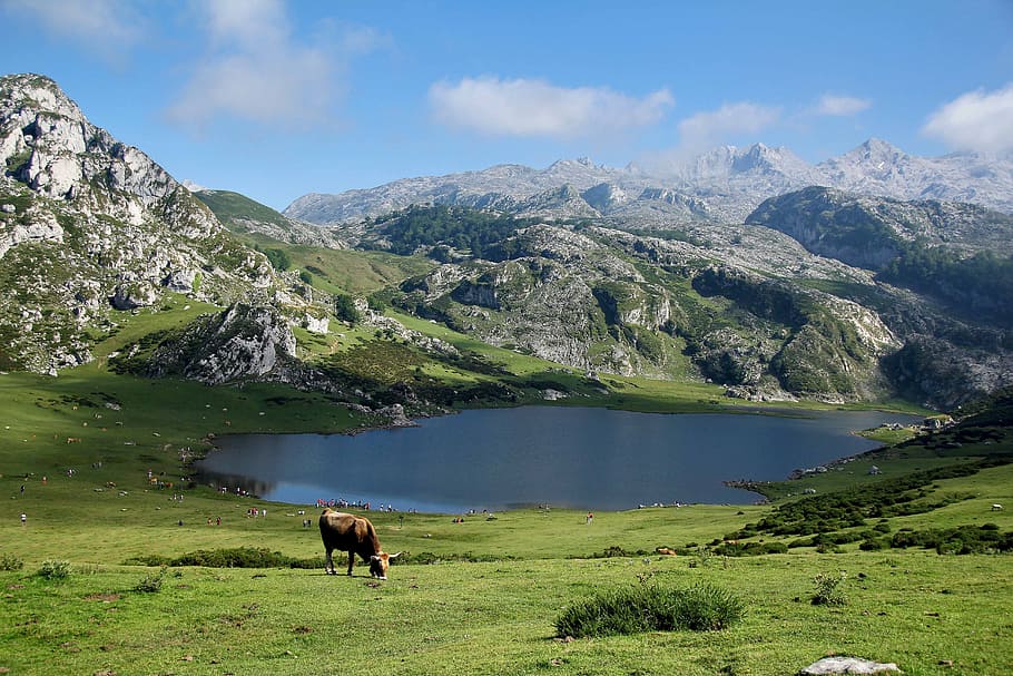 surrounded, mountain, Mountains, Lake, Landscape, Nature, blue, mountain landscape, clouds, pyrenees