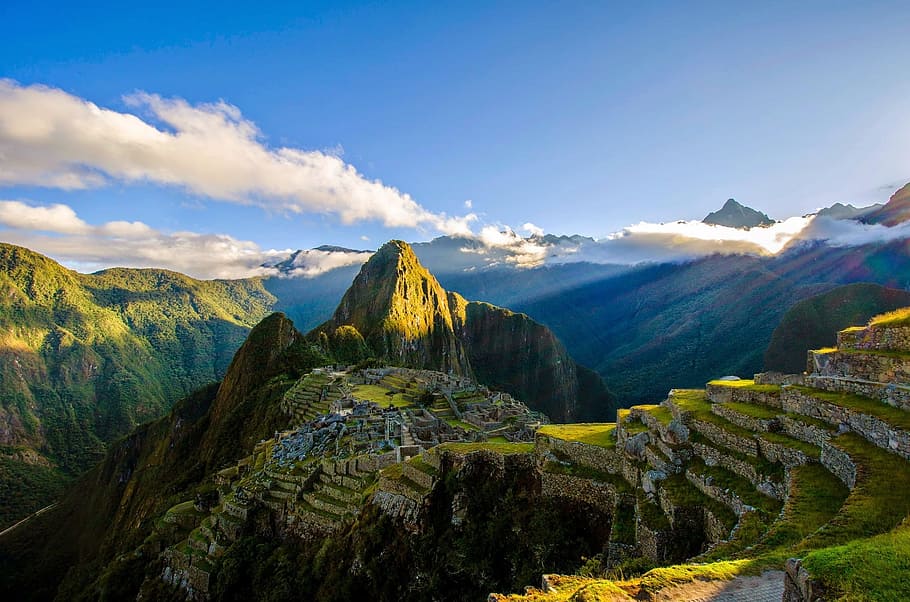 aerial, photography, green, mountain, daytime, machu picchu, ruins, mountains, peru, inca