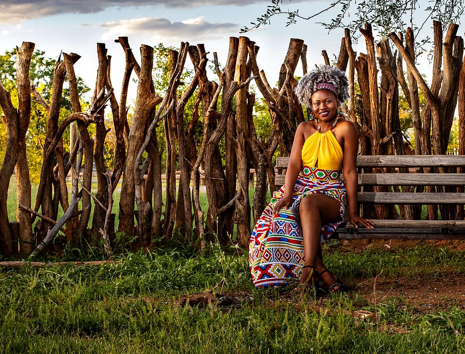 lady, woman, logs, bench, african traditional dress, wild hairstyle, yellow dress, colorful, african hut, traditional