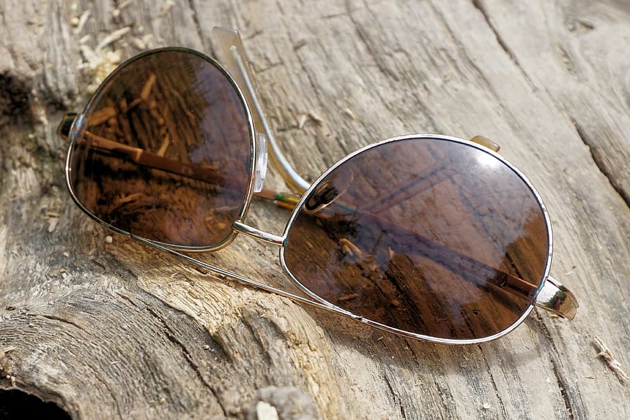 silver-colored aviator-style sunglasses, tree log, glasses, sunglasses, eye protection, sun protection, sun, uv radiation, summer, holiday