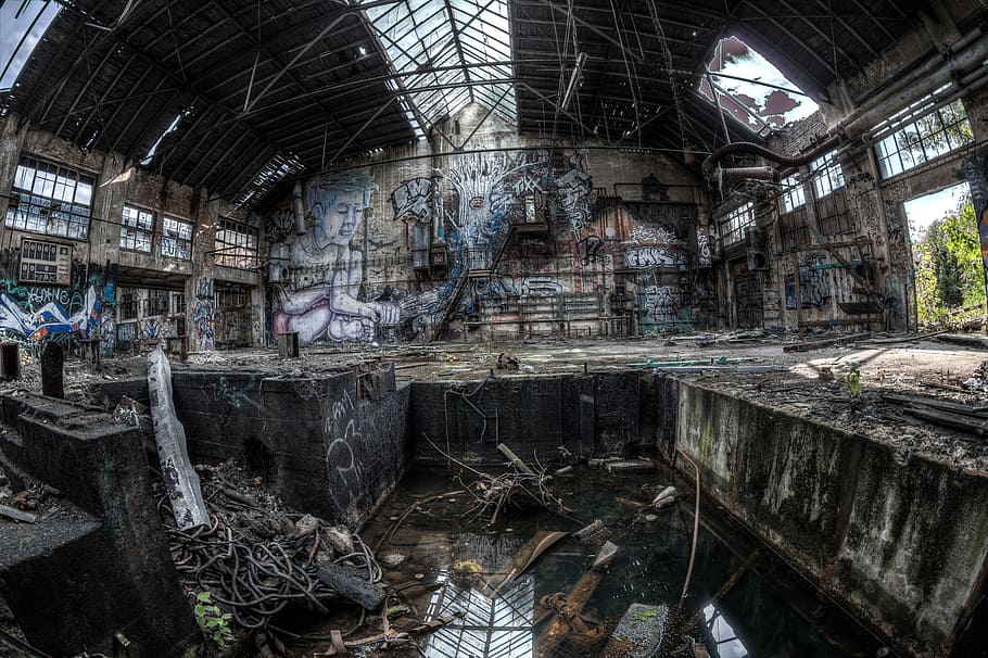Berlin, Lost, Fisheye, Royalty Free, view of abandoned warehouse, built structure, architecture, abandoned, obsolete, building