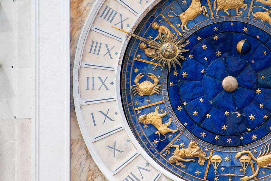 venice, venetia, italy, piazza san marco, clock, torre dell'orologio, st mark's clocktower, san marco square, zodiac, blue