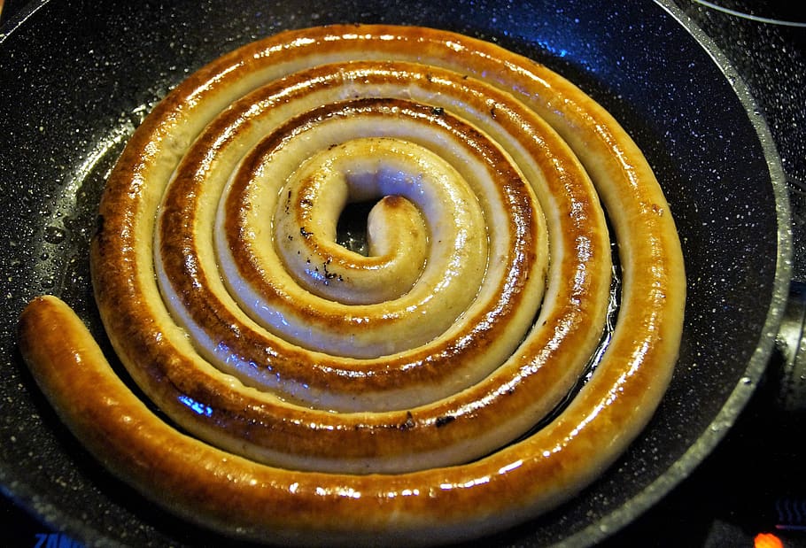 guilty, sausage, white, baked, food, kitchen, worm, spiral, fresh, the meat