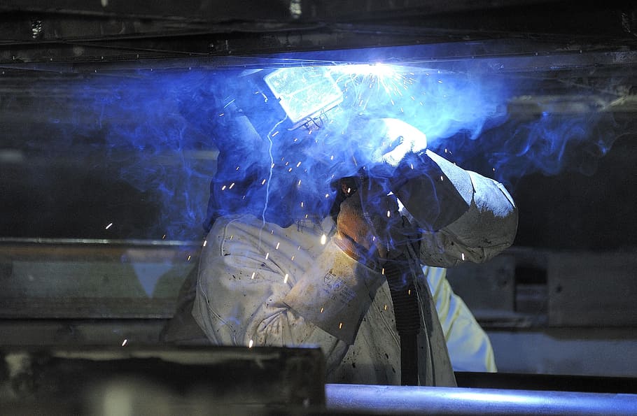 person, wearing, white, overalls welding iron, weld, hot, soldering, workers, welder, hot soldering