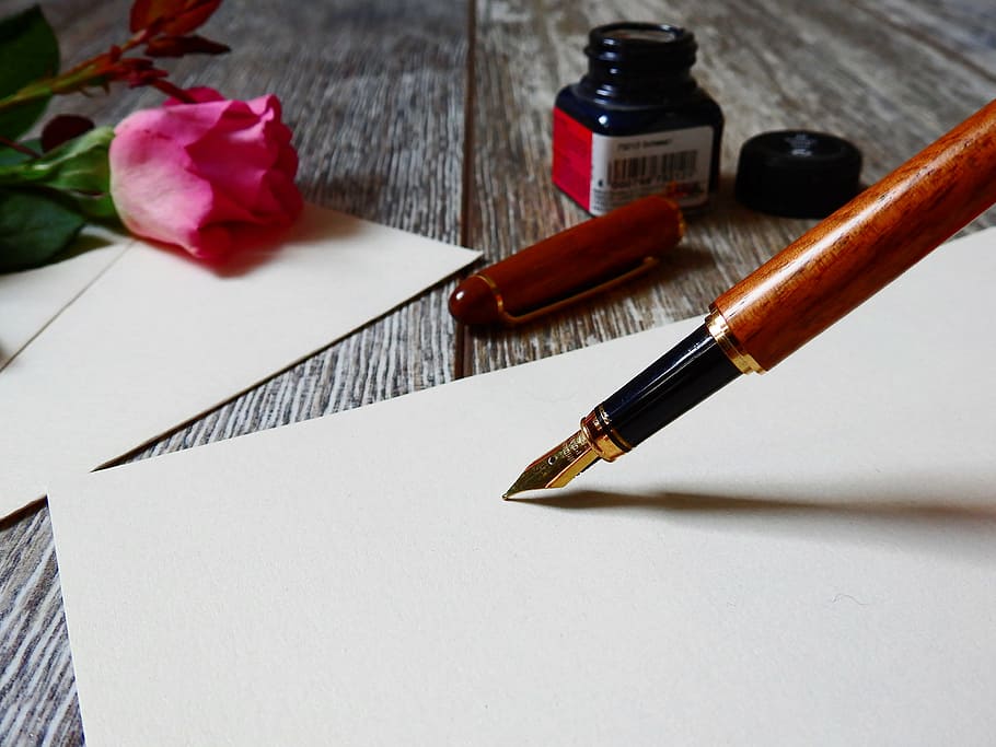 pluma de caligrafía, señalando, blanco, en blanco, papel, letras, dejar, relleno, pluma estilográfica, utensilio de escritura
