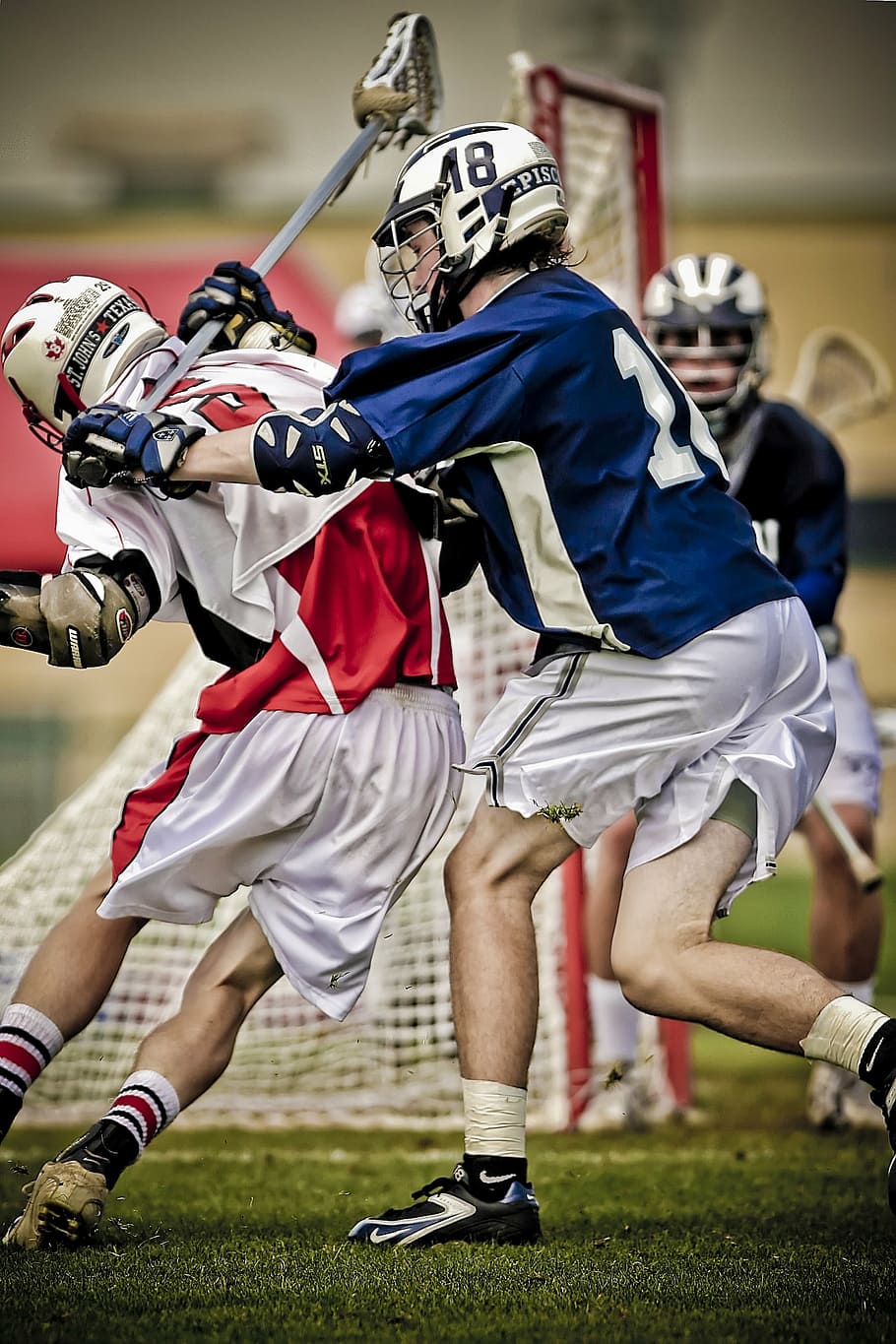 men, playing, lacrosse, field, hitting, player, clash, athletic, compete, competition