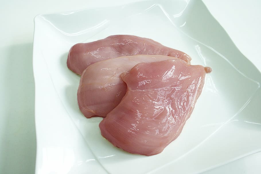 three, meat, white, plate, chicken breast, food ingredients, chicken, food, close-up, freshness