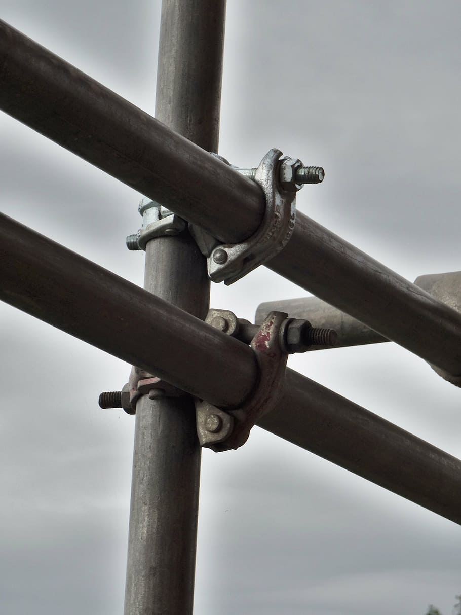 scaffolding, metal, construction, safety, pipe, close-up, day, chain, outdoors, sky