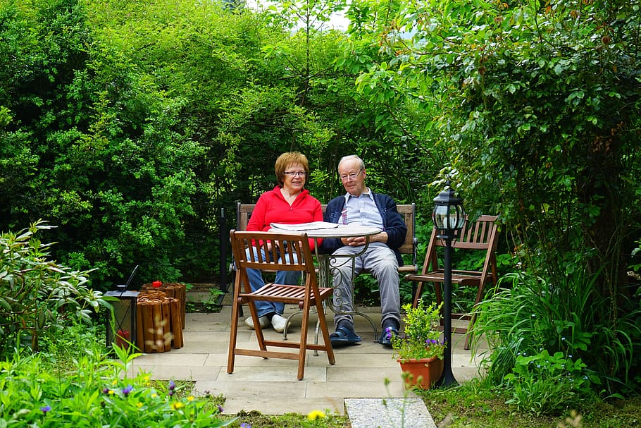 couple, man, woman, sit, rest, garden, terrace, chair, table, garden table