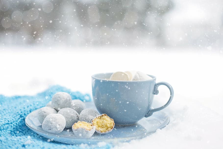 closeup, blue, ceramic, tea cup, hot chocolate, cozy, winter, dessert, warm, snow
