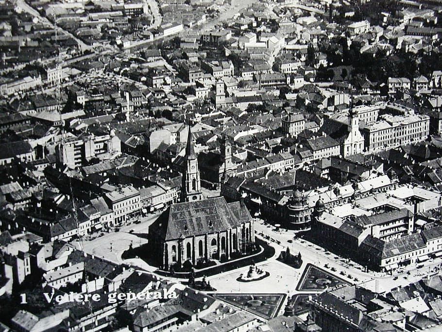 preto, branco, foto, central, 1930, preto e branco, Cluj-napoca, Romênia, edifícios, centro da cidade