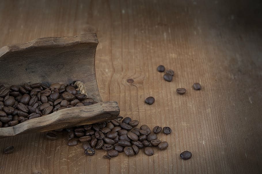 coffee beans, brown, table, coffee, natural product, roasted, dark, caffeine, wood, close