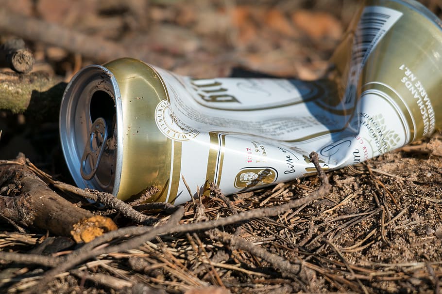close-up photo, white, brown, beer can, garbage, pollution, waste, box, environmental destruction, environment