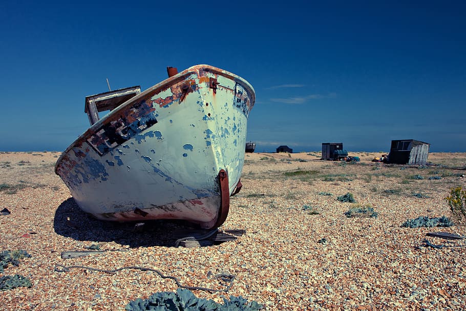 old, abandoned, boat, lies, shingle beach, sunny, day., captured, sunny day, Image