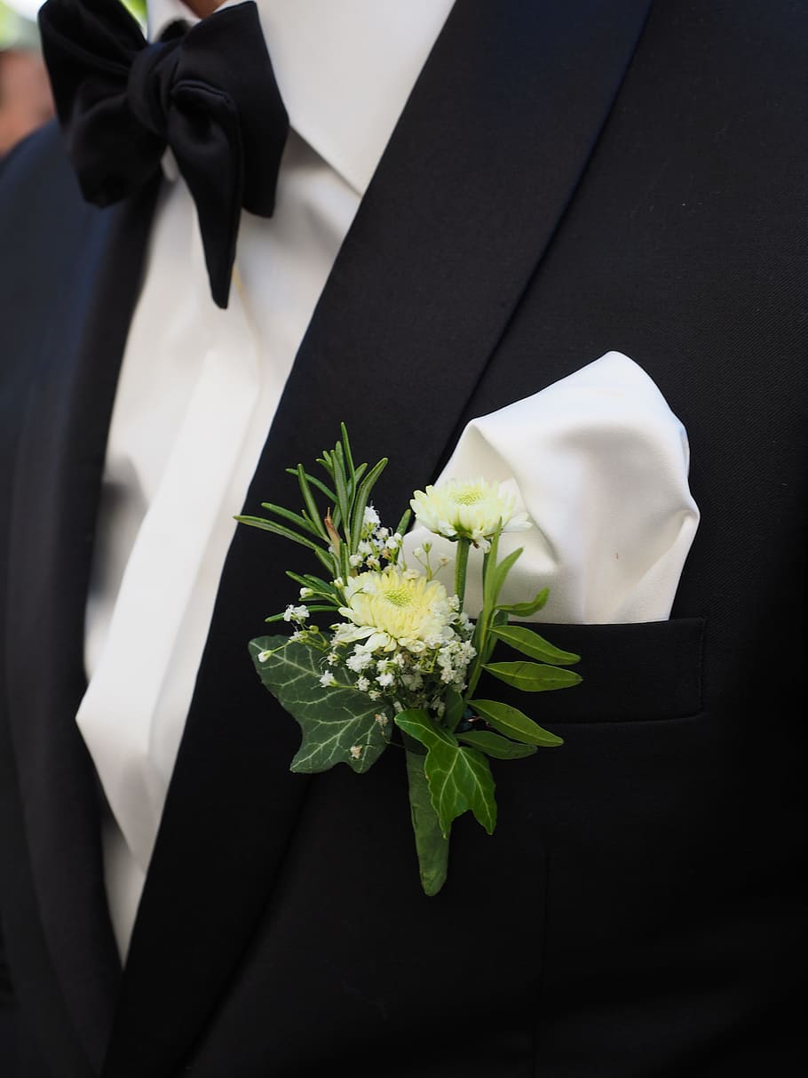 closeup, white, green, flowers, tuxedo, groom, floral decorations, lapel, man, flower