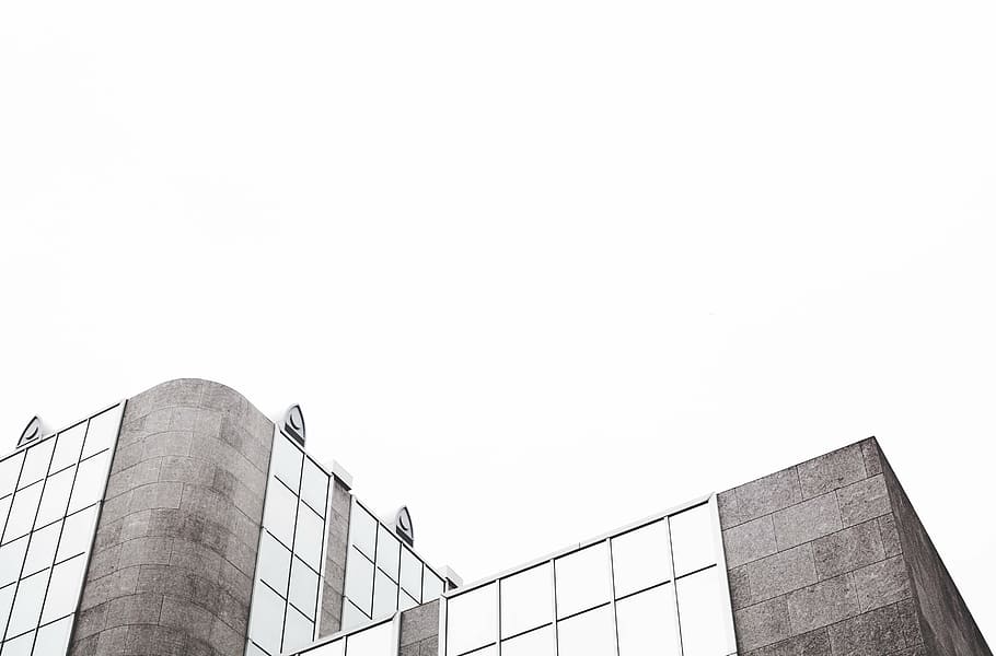 low, angle photo, grey, concrete, building, grayscale, glasses, architecture, infrastructure, sky