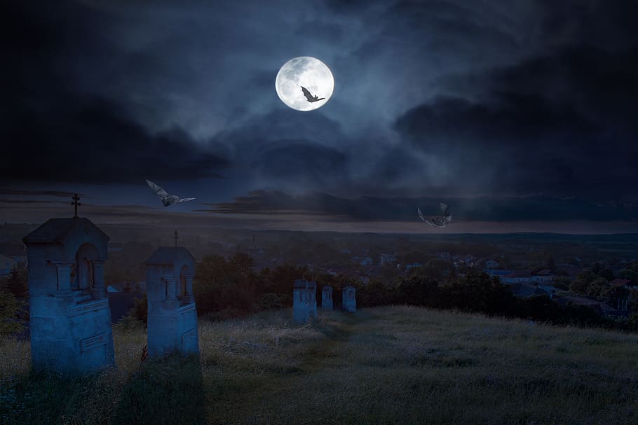 halloween, cemetery, dark, night, chilling, moon, tomb, fantasy, full moon, sky