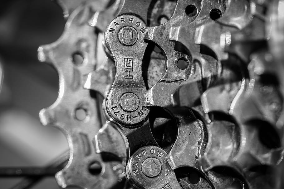 superficial, foco, gris, engranajes de acero, engranaje, bicicleta, cadena, transmisión de energía, metal, parte de la máquina