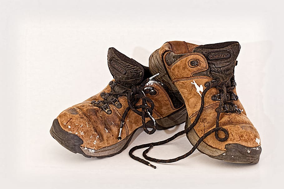 kulit coklat-dan-hitam, hiking, sepatu bot, sepatu tua, buruh, alas kaki, bekas, pekerja, sepatu kerja, boot