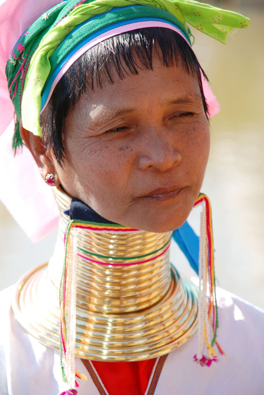 burma, woman, long neck women, indigenous culture, one person, headshot, real people, portrait, front view, close-up