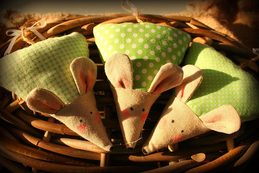 ratones, el ratón, la sustancia, cesta, lindo, verde, punto, coser, hecho en casa, hecho a mano