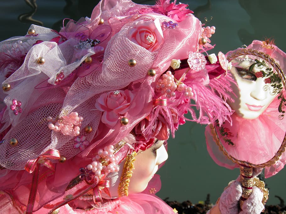 orang, memegang, cermin tangan, mengenakan, putih, merah muda, bunga, topeng aksen, tukang pesona, Venesia